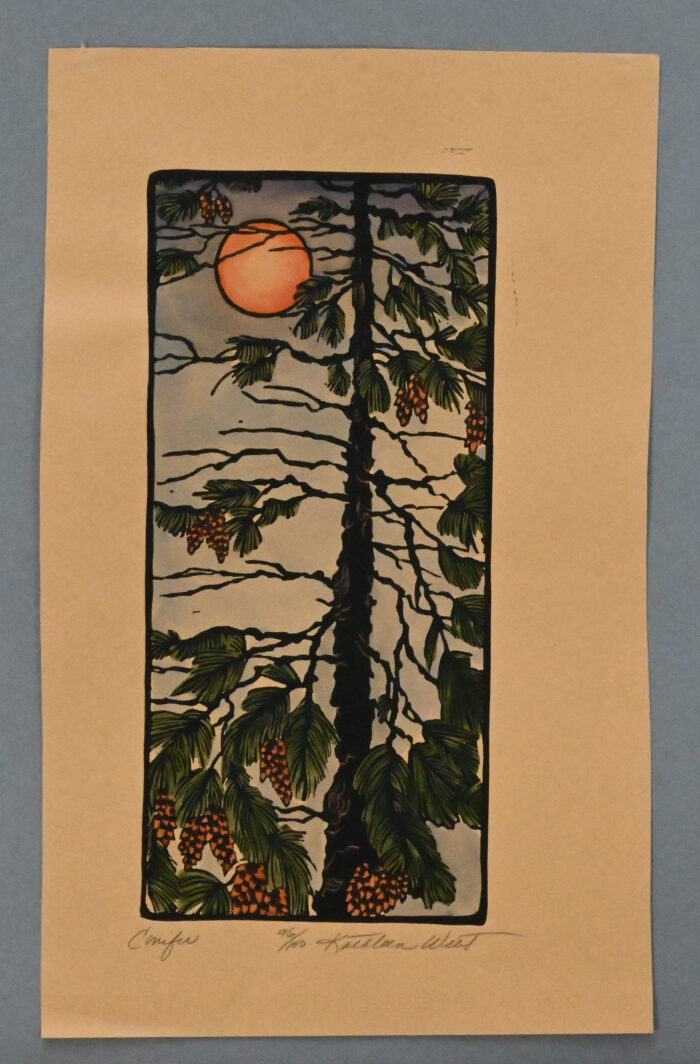 Hand block print by Kathleen West, Conifer